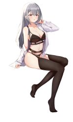 Rule 34 | 1girl, absurdres, arm up, bare shoulders, bikini, black bikini, black thighhighs, braid, breasts, chest harness, cleavage, collarbone, commission, full body, garter belt, grey hair, harness, highres, laneigu, large breasts, long hair, long sleeves, looking at viewer, navel, no shoes, off shoulder, open clothes, open shirt, original, parted lips, red eyes, shio (shirone), shirt, simple background, sitting, solo, stomach, string bikini, swimsuit, thighhighs, thighs, white background, white shirt