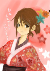 Rule 34 | 1girl, brown eyes, brown hair, flower, japanese clothes, kimono, mochiya, solo, translation request
