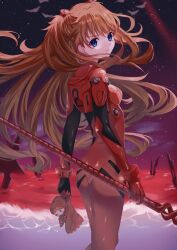 Rule 34 | 1girl, artist request, ass, blue eyes, blush, bodysuit, breasts, brown hair, curvy, doll, the end of evangelion, floating hair, hair ornament, highres, holding, holding weapon, interface headset, lance of longinus (evangelion), long hair, looking at viewer, looking back, medium breasts, neon genesis evangelion, night, night sky, plugsuit, polearm, red bodysuit, shiny clothes, simple background, sky, solo, souryuu asuka langley, tsundere, very long hair, weapon