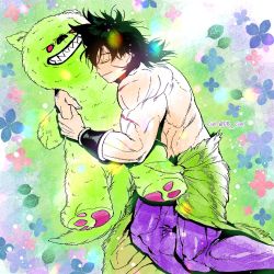 Rule 34 | 1boy, black hair, bracer, broly (dragon ball super), character request, dragon ball, dragon ball super, dragon ball super broly, facial scar, feet out of frame, floral background, hug, lying, male focus, medium hair, muscular, muscular male, on side, pants, scar, scar on cheek, scar on face, topless male, skin tight, sleeping, smile, solo, spiked hair, stuffed animal, stuffed toy, tarutobi, tight clothes, tight pants