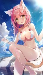 Rule 34 | 1girl, :d, airmisuzu, animal ear fluff, animal ears, areola slip, bare arms, bare legs, bare shoulders, barefoot, bikini, bottle, breasts, brown eyes, cat ears, cat girl, cat tail, cleavage, cloud, collarbone, commentary request, day, halterneck, highres, holding, holding bottle, large breasts, long hair, looking at viewer, medium breasts, navel, open mouth, original, outdoors, pink hair, pouring, side-tie bikini bottom, sitting, smile, solo, stomach, sunlight, swimsuit, tail, thighs, water, water bottle, white bikini