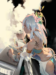 Rule 34 | 1girl, aged up, ass, bare shoulders, breasts, butt crack, closed mouth, cutting, detached sleeves, dm (dai miao), elf, flower, food, from side, hair between eyes, hair flower, hair ornament, highres, holding, holding knife, knife, kokkoro (princess connect!), large breasts, long hair, looking at viewer, pelvic curtain, pixiv id, pointy ears, princess connect!, red eyes, see-through, see-through sleeves, solo, tattoo, thighhighs, weibo watermark, white hair, white sleeves, white thighhighs