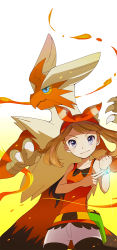 Rule 34 | 1girl, bike shorts, blaziken, bow hairband, bracelet, brown hair, closed mouth, collarbone, commentary request, creatures (company), eyelashes, fanny pack, fire, game freak, gen 3 pokemon, hairband, jewelry, looking at viewer, may (pokemon), mega blaziken, mega pokemon, nintendo, pokemon, pokemon (creature), pokemon oras, popcorn 91, shirt, shorts, sleeveless, sleeveless shirt, smile