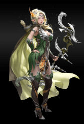 Rule 34 | 1girl, \||/, absurdres, archery, arrow (projectile), bare shoulders, belt, black background, blonde hair, boots, bow (weapon), breasts, bridal gauntlets, cape, circlet, cleavage, commentary request, earrings, elf, feather hair ornament, feathers, fingernails, forehead, full body, hair ornament, hand on own hip, heo sung-moo, high heel boots, high heels, highres, holding, holding bow (weapon), holding weapon, jewelry, light particles, looking at viewer, mole, original, parted bangs, parted lips, pink eyes, pointy ears, quiver, red lips, simple background, solo, sparkle, teeth, thigh boots, upper teeth only, weapon