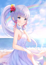 Rule 34 | 1boy, 1girl, absurdres, alternate costume, armpits, ayaka (genshin impact), beach, benzi li, blue sky, blunt bangs, casual, cloud, cloudy sky, commentary request, contemporary, dress, flower, from side, genshin impact, grey eyes, grey hair, hair flower, hair ornament, hair ribbon, highres, holding hands, long hair, looking at viewer, looking to the side, ocean, out of frame, parted lips, ponytail, pov, rainbow, ribbon, sidelocks, sky, sleeveless, spaghetti strap, sun, sunlight, tress ribbon, white dress, wind