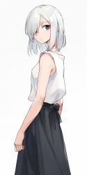Rule 34 | 1girl, black skirt, blouse, closed mouth, cowboy shot, from side, grey eyes, grey hair, hair over one eye, highres, looking at viewer, oopartz yang, original, shirt, sidelocks, simple background, skirt, sleeveless, sleeveless shirt, solo, tsurime, white background, white shirt