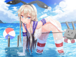 Rule 34 | 10s, 1girl, bad id, bad pixiv id, bent over, blonde hair, blush, elbow gloves, gloves, kantai collection, lifebuoy, long hair, looking at viewer, mx2j, open mouth, rensouhou-chan, shimakaze (kancolle), striped clothes, striped thighhighs, swim ring, thighhighs, wet, wet clothes, white gloves