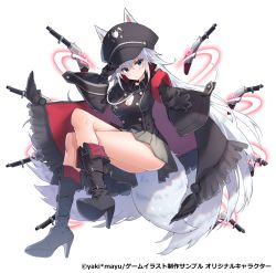 Rule 34 | 1girl, animal ears, artist name, black jacket, blue eyes, boots, breasts, buttons, cape, claw pose, commentary request, crossed legs, dog ears, dog tags, dog tail, double-breasted, grey skirt, gun, hair between eyes, hat, highres, jacket, long hair, long sleeves, looking at viewer, military, military uniform, original, outstretched arm, peaked cap, silver hair, skirt, small breasts, solo, tail, uniform, v-shaped eyebrows, very long hair, weapon, yaki mayu