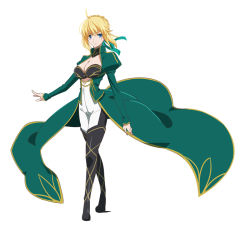 Rule 34 | 1girl, alternate breast size, alternate costume, artoria pendragon (all), artoria pendragon (fate), black bra, black footwear, blonde hair, blue eyes, boots, bra, braid, braided bun, breasts, cleavage, closed mouth, cosplay request, fate/stay night, fate (series), floating hair, full body, green ribbon, hair between eyes, hair bun, hair ribbon, highleg, highleg panties, large breasts, long sleeves, looking at viewer, panties, pants, pochi-a, ribbon, saber (fate), shiny footwear, shiny skin, short hair, shrug (clothing), simple background, smile, solo, standing, strapless, strapless bra, thigh boots, thighhighs, underwear, waist cape, white background, white pants
