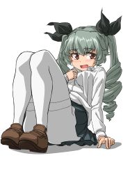 Rule 34 | 1girl, absurdres, anchovy (girls und panzer), anzio school uniform, black ribbon, black skirt, blush, brown footwear, convenient censoring, dress shirt, drill hair, girls und panzer, green hair, hair ribbon, hand on own chest, helmet (trailblazer003), highres, leaning back, loafers, long hair, long sleeves, looking at viewer, miniskirt, open mouth, pantyhose, pleated skirt, red eyes, ribbon, school uniform, shadow, shirt, shoes, simple background, sitting, skirt, smile, solo, thighband pantyhose, twin drills, twintails, white background, white pantyhose, white shirt