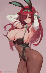 Rule 34 | 1girl, animal ears, bare shoulders, black leotard, bow, bowtie, breasts, brown eyes, rabbit ears, cleavage, clothing cutout, cutesexyrobutts, detached collar, erza scarlet, fairy tail, fake animal ears, fantasy, gloves, hair over one eye, highres, large breasts, leotard, lips, long hair, navel, navel cutout, playboy bunny, red hair, ribbon, simple background, standing, tavern, thighs, white gloves, wrist ribbon