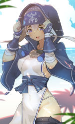 Rule 34 | 10s, 1girl, absurdres, ainu, ainu clothes, bandana, beach, black thighhighs, blue eyes, breasts, covered erect nipples, cowboy shot, cropped jacket, dress, folded ponytail, gorimaro, headband, highres, kamoi (kancolle), kantai collection, large breasts, lips, long hair, long sleeves, looking at viewer, open mouth, outdoors, palm tree, panties, pelvic curtain, purple eyes, sideboob, sidelocks, smile, solo, thick eyebrows, thighhighs, thighs, tree, underwear, white dress, white hair, white panties, wrist guards