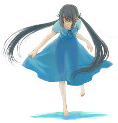 Rule 34 | 1girl, barefoot, black hair, blue dress, dress, closed eyes, full body, long hair, original, see-through, skirt hold, smile, solo, standing, standing on one leg, twintails, yuuryuu nagare