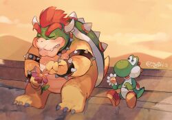 Rule 34 | 2boys, absurdres, armlet, blush, boots, bowser, bracelet, brown footwear, closed eyes, flower, hanaon, highres, holding, holding flower, horns, jewelry, looking at another, mario (series), multiple boys, nintendo, open mouth, orange sky, outdoors, plucking petals, red hair, sitting, sky, spiked armlet, spiked bracelet, spikes, super mario 64 ds, yoshi