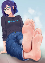 Rule 34 | 1girl, a-chan (1st costume) (hololive), a-chan (hololive), barefoot, black-framed eyewear, black shirt, blue bow, blue eyes, blush, bow, breasts, cohi27151463, denim, feet, foot focus, foreshortening, glasses, hair bow, hashtag-only commentary, highres, hololive, jeans, legs, medium breasts, pants, purple hair, shirt, short hair, simple background, sitting, soles, solo, steam, sweat, toes, virtual youtuber