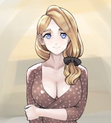 Rule 34 | 1girl, arm under breasts, babusgames, blonde hair, blue eyes, bow, breasts, brown background, brown dress, cleavage, collarbone, dress, fire emblem, fire emblem: three houses, hair bow, hair over shoulder, large breasts, looking at viewer, low ponytail, mercedes von martritz, nintendo, polka dot, polka dot dress, smile, solo, upper body