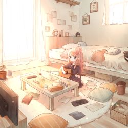 Rule 34 | 1girl, absurdres, bag, bed, bedroom, black eyes, carpet, child, clock, computer, curtains, guitar, half updo, highres, huge filesize, indoors, instrument, laptop, light particles, mokunoki, music, nintendo switch, orange hair, original, pillow, plant, playing instrument, potted plant, room, roomscape, sitting, sunlight, table, television, unworn bag, window