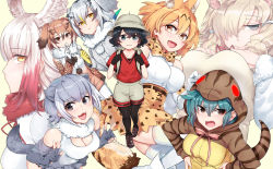 Rule 34 | 6+girls, :d, alpaca ears, alpaca suri (kemono friends), animal ear fluff, animal ears, backpack, bag, bands, bare arms, bare shoulders, bird wings, black eyes, black gloves, black hair, black legwear, blouse, bow, bowtie, breast suppress, breasts, brown coat, brown eyes, cleavage, closed eyes, coat, collarbone, double v, elbow gloves, eurasian eagle owl (kemono friends), extra ears, eyes visible through hair, fang, fingerless gloves, frilled swimsuit, frills, fur collar, gloves, green hair, grey coat, grey eyes, grey gloves, grey hair, hair between eyes, hair over one eye, half-closed eye, hands on own chest, hands on own hips, hands up, hat feather, head wings, helmet, high-waist skirt, highres, holding, holding spoon, holding strap, hood, hood up, hoodie, japanese crested ibis (kemono friends), kaban (kemono friends), kemono friends, long sleeves, looking at viewer, medium breasts, medium hair, multicolored hair, multiple girls, neck ribbon, northern white-faced owl (kemono friends), open mouth, otter ears, otter tail, pantyhose, pantyhose under shorts, pith helmet, print gloves, print neckwear, print skirt, red hair, red shirt, ribbon, seductive smile, serval (kemono friends), serval print, serval tail, shirt, shoes, short hair, short sleeves, shorts, sidelocks, sideways glance, skirt, sleeveless, sleeveless shirt, small-clawed otter (kemono friends), smile, snake tail, spoon, striped clothes, striped hoodie, striped tail, swimsuit, tail, thighhighs, traditional bowtie, tsuchinoko (kemono friends), v, v-shaped eyebrows, wings, yellow eyes, yorei (death0813), zettai ryouiki