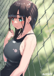 Rule 34 | 1girl, aqua eyes, black hair, blush, breasts, clenched hand, competition swimsuit, fence, jonsun, leaning on object, long hair, mole, mole under eye, one-piece swimsuit, original, outdoors, solo, swimsuit, wet