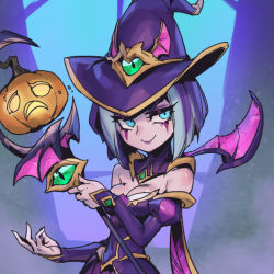 Rule 34 | :o, bare shoulders, bewitching leblanc, breasts, cleavage, dress, facial mark, green eyes, grey hair, hat, juliet sleeves, league of legends, leblanc (league of legends), long sleeves, medium breasts, multicolored background, multicolored hair, official alternate costume, phantom ix row, puffy sleeves, pumpkin, purple hair, short hair, smile, strapless, strapless dress, sweatdrop, two-tone hair, wings, witch hat