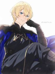 Rule 34 | 1boy, alternate color, black gloves, blonde hair, blue cape, blue eyes, byleth (fire emblem), byleth (male) (fire emblem), cape, closed mouth, commentary request, dimitri alexandre blaiddyd, fire emblem, fire emblem: three houses, garreg mach monastery uniform, gloves, hair between eyes, highres, looking at viewer, male focus, nintendo, sephikowa, simple background, solo, super smash bros., twitter username, white background