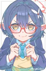 Rule 34 | 1girl, artist name, ayane (blue archive), blue archive, blue hair, blue jacket, blue necktie, blush, closed mouth, commentary request, glasses, halo, highres, jacket, long sleeves, looking at viewer, mugi626, necktie, pointy ears, red-framed eyewear, red halo, short hair, smile, solo, upper body, yellow eyes