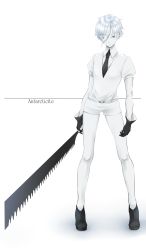 Rule 34 | absurdres, androgynous, ankle boots, antarcticite, aoyashio rin, belt, belt buckle, black footwear, black gloves, black neckwear, blue eyes, boots, buckle, character name, closed mouth, colored skin, expressionless, eyes visible through hair, full body, gem uniform (houseki no kuni), gender request, gloves, hair over one eye, highres, holding, holding sword, holding weapon, houseki no kuni, legs apart, looking at viewer, puffy short sleeves, puffy sleeves, shirt, short hair, short shorts, short sleeves, shorts, silver hair, solo, standing, sword, weapon, white background, white shirt, white shorts, white skin
