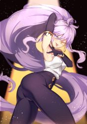Rule 34 | 1girl, absurdres, aisha landar, arm behind head, armpits, breasts, elsword, glasses, highres, long hair, looking at viewer, lord azoth (elsword), monocle, one eye closed, pants, penguru 086, ponytail, presenting armpit, purple eyes, purple hair, sleeveless, small breasts, smile, solo, spread armpit, tagme, tongue, tongue out, very long hair