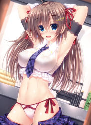 Rule 34 | 1girl, armband, armpits, arms behind back, arms up, bare shoulders, blue eyes, blush, bow, bow panties, breasts, brown hair, brush, buttons, clothes pull, collared shirt, covered erect nipples, cowboy shot, crop top, curtains, day, dengeki moeou, desk, earrings, elbow gloves, frilled shirt, frills, gloves, groin, hair between eyes, hair ornament, hair ribbon, hairclip, highres, hinata nao, indoors, jewelry, large breasts, long hair, midriff, mole, mole under eye, navel, necktie, non-web source, open mouth, original, panties, pen, plaid, plaid necktie, plaid neckwear, plaid ribbon, purple necktie, red bow, ribbon, shiny skin, shirt, side-tie panties, skirt, skirt pull, sleeveless, sleeveless shirt, solo, standing, stomach, sweat, two side up, underwear, wet, wet clothes, wet shirt, white gloves, white panties, white shirt, window, wing collar