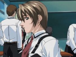 00s 2002 animated animated_gif bible_black bible_black_gaiden brown_hair classroom green_eyes lowres necktie school school_uniform shido_saki short_hair tagme