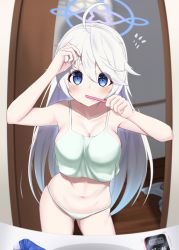 Rule 34 | 1girl, absurdres, adjusting hair, ahoge, bathroom, blue archive, blue eyes, blush, breasts, camisole, cellphone, clothes, collarbone, cowboy shot, doorway, flying sweatdrops, ggim (kdnx8758), green camisole, green panties, hair down, halo, hand in own hair, highres, holding, holding toothbrush, kirino (blue archive), large breasts, long hair, looking at mirror, looking at viewer, mirror, no pants, panties, phone, sink, smartphone, solo, sweat, swept bangs, toothbrush, toothbrush in mouth, underwear, underwear only, very long hair, white hair, wooden floor