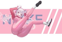 Rule 34 | 1girl, @ . @ (kjjw2272), absurdres, alice (nikke), animal ear headphones, animal ears, ass, back, blush, bodysuit, breasts, cropped jacket, double v, fake animal ears, from below, gloves, goddess of victory: nikke, grey hair, headphones, highres, impossible bodysuit, impossible clothes, jacket, latex, latex bodysuit, long hair, looking at viewer, medium breasts, multicolored clothes, multicolored gloves, open mouth, pink bodysuit, pink eyes, pink gloves, pink headphones, red jacket, shoes, shrug (clothing), sidelocks, skin tight, sneakers, solo, twintails, two-tone gloves, v, white footwear, white gloves