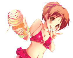 Rule 34 | 1girl, :p, bare shoulders, bikini, bracelet, breasts, brown eyes, brown hair, cleavage, collarbone, female focus, food, giving, hair up, ice cream, ice cream cone, jewelry, licking, looking at viewer, navel, polka dot, polka dot bikini, polka dot swimsuit, ponytail, simple background, solo, swimsuit, tongue, tongue out, upper body, v, white background, yuunagi seshina