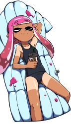 Rule 34 | absurdres, arm behind back, black one-piece swimsuit, closed eyes, cowboy shot, highres, inkling, inkling girl, inkling player character, lakilolom, nintendo, one-piece swimsuit, pink hair, simple background, solo, splatoon (series), swimsuit, tan, tanline, tentacle hair, white background