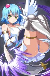 Rule 34 | 1girl, angel wings, armor, ass, asymmetrical wings, blue hair, breasts, chemise, cleavage, closed mouth, collarbone, elbow gloves, floating, gloves, greaves, green eyes, hair bobbles, hair ornament, index finger raised, large breasts, looking at viewer, nanael (queen&#039;s blade), nanael (queen&#039;s blade unlimited), official art, panties, pantyshot, polka dot, polka dot panties, queen&#039;s blade, queen&#039;s blade unlimited, queen&#039;s blade white triangle, short hair, silver background, smile, solo, sword, thighs, underwear, weapon, white gloves, white wings, winged footwear, wings