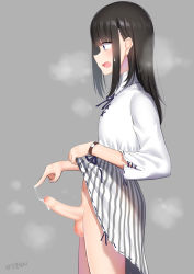 Rule 34 | 1boy, black hair, blouse, blue eyes, blunt bangs, breath, censored, clothes lift, collared shirt, crossdressing, cum, erection, foreskin, from side, grey background, highres, hime cut, kitajima yuuki, lifting own clothes, long hair, long sleeves, male focus, mosaic censoring, navel, open mouth, original, penis, phimosis, profile, ribbon, shirt, signature, skirt, skirt lift, solo, steam, striped clothes, striped skirt, sweat, testicles, trap, watch, white shirt, wristwatch