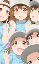 Rule 34 | 10s, :d, :o, blunt bangs, blush, blush stickers, brown eyes, brown hair, child, clenched hands, commentary request, flat cap, hair between eyes, hat, hataraku saibou, hews, highres, long hair, looking at viewer, multiple boys, multiple girls, open mouth, platelet (hataraku saibou), short hair, smile, teeth, upper teeth only, v, waving, white hat