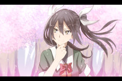 Rule 34 | 10s, 1girl, brown hair, cherry blossoms, hair ribbon, kantai collection, letterboxed, long hair, ribbon, smirk, solo, tone (kancolle), tsukamoto minori, twintails, upper body, yellow eyes