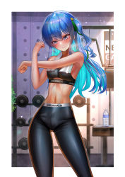 Rule 34 | 1girl, absurdres, armpits, blue hair, blush, bottle, breasts, breath, closed mouth, crossed arms, earrings, exercise machine, flat chest, green ribbon, grey eyes, gym, hair ornament, hair ribbon, highres, hololive, hoshimachi suisei, indoors, jagoo, jewelry, looking away, multicolored hair, pants, plant, ribbon, small breasts, sports bra, sportswear, star (symbol), star hair ornament, stomach, stretching, sweat, two-tone hair, virtual youtuber, water bottle, weights