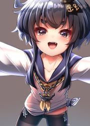 Rule 34 | 1girl, absurdres, all fours, anchor, anchor symbol, black eyes, black hair, black pantyhose, blush, breasts, brown eyes, chain, collarbone, cover, cowboy shot, crotch seam, dress, fang, female focus, gradient hair, hat, heart, heart-shaped pupils, highres, kantai collection, long sleeves, looking at viewer, mini hat, multicolored hair, open mouth, panties, panties under pantyhose, pantyhose, sailor collar, sailor dress, shirt, short hair, short hair with long locks, side-tie panties, sidelocks, simple background, small breasts, smile, solo, symbol-shaped pupils, tied shirt, tokitsukaze (kancolle), tongue, tongue out, underwear, white panties, yufukiri
