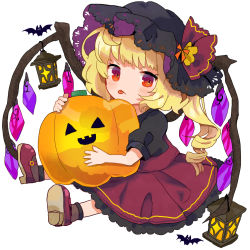 Rule 34 | 1girl, :p, alternate costume, bat (animal), black shirt, blonde hair, blush, chibi, commentary request, flandre scarlet, food, frilled skirt, frills, hat, hat ribbon, holding, holding food, holding pumpkin, holding vegetable, jack-o&#039;-lantern, lantern, looking at viewer, outstretched legs, puffy short sleeves, puffy sleeves, pumpkin, red eyes, red footwear, red skirt, ribbon, shirt, short hair, short sleeves, side ponytail, simple background, sitting, sketch, skirt, solo, tamagogayu1998, tongue, tongue out, touhou, vegetable, white background, wings
