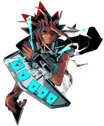 Rule 34 | 1boy, atem, bare shoulders, black jacket, blonde hair, card, chain, duel disk, dyed bangs, electricity, jacket, jacket on shoulders, kokusoji, looking to the side, male focus, medium hair, multicolored hair, open clothes, open jacket, red eyes, sleeveless, solo, spiked hair, upper body, white background, yami yugi, yu-gi-oh!, yu-gi-oh! duel monsters, yu-gi-oh! r