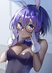Rule 34 | 1girl, absurdres, black-framed eyewear, blue bow, blue bowtie, bow, bowtie, breasts, cleavage, dark-skinned female, dark skin, fate/grand order, fate (series), glasses, gloves, hairband, hassan of serenity (fate), highres, leotard, medium breasts, mizumok1, playboy bunny, short hair, solo, traditional bowtie, white gloves
