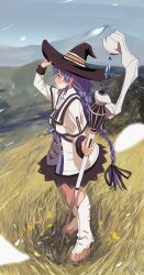 Rule 34 | absurdres, blue hair, boots, braid, dress, hand on headwear, hat, highres, holding, holding staff, iwashi neko, long braid, long hair, mage staff, mountain, mushoku tensei, outdoors, profile, roxy migurdia, snowing, staff, standing, thigh boots, twin braids, very long hair, white dress, white footwear, witch hat