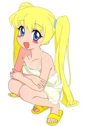 Rule 34 | 1girl, absurdres, bare shoulders, blonde hair, blue eyes, blush stickers, dress, flat chest, full body, highres, jiryu50610218, long hair, looking at viewer, no socks, open mouth, pani poni dash!, rebecca miyamoto, sandals, simple background, smile, solo, squatting, sundress, twintails, very long hair, white background, white dress