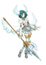 Rule 34 | .hack//, .hack//games, .hack//link, .hack//sign, 00s, 1girl, angel wings, aqua hair, armor, armored dress, bandai, blue hair, breasts, brown eyes, cyber connect 2, detached sleeves, facial mark, forehead mark, head wings, heart, jewelry, midriff, miniskirt, official art, polearm, ring, short hair, simple background, skirt, solo, subaru (.hack//), thighhighs, weapon, wings, zettai ryouiki