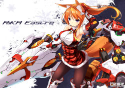Rule 34 | 1girl, animal ears, armor, black pantyhose, boots, breasts, character name, dress, elbow gloves, english text, fatkewell, fox ears, fox tail, fur trim, gloves, halterneck, headgear, huge weapon, kitsune, large breasts, machinery, mecha musume, orange hair, original, pantyhose, plaid, plaid dress, ponytail, red dress, rika eastre, standing, tail, thigh boots, thighhighs, weapon