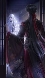 Rule 34 | 2boys, absurdres, bai liu, black hair, chinese clothes, floating hair, glint, hanfu, highres, i became a god in a horror game, light particles, light rays, long hair, long sleeves, male focus, multiple boys, qingrihuanghun, tavel, white hair