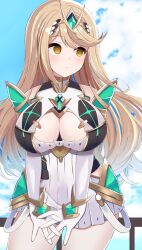 Rule 34 | 1girl, absurdres, bare shoulders, blonde hair, blush, breasts, cleavage, cloud, dress, elbow gloves, gloves, headgear, highres, kocha (jgug7553), large breasts, long hair, mythra (xenoblade), sky, solo, swept bangs, very long hair, xenoblade chronicles (series), xenoblade chronicles 2, yellow eyes