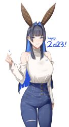 Rule 34 | 1girl, 2023, absurdres, animal ears, arm at side, bare shoulders, blue eyes, blue hair, blue pants, blunt bangs, breasts, chinese zodiac, clothing cutout, colored inner hair, cowboy shot, dark blue hair, denim, finger heart, grin, high-waist pants, highres, hololive, hololive english, jeans, large breasts, long hair, looking at viewer, multicolored hair, new year, ouro kronii, ouro kronii (casual), pants, rabbit ears, shirt, shoulder cutout, simple background, smile, solo, sweater, sweater tucked in, torn clothes, torn jeans, torn pants, virtual youtuber, white background, white shirt, white sweater, year of the rabbit, zenya